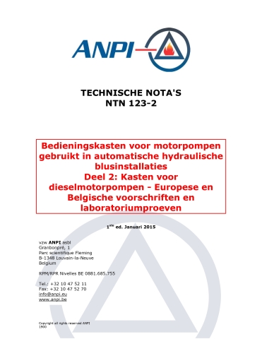 NTN 123-2 Automatische hydraulische blusinstallaties - 2: Kasten voor dieselmotorpompen - Europese en Belgische voorschriften en laboratoriumproeven