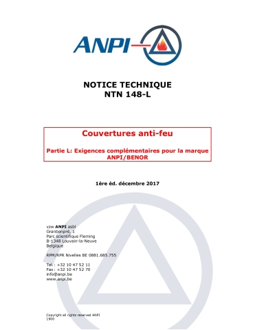 NTN 148-L Couvertures anti feu : Partie L : Exigences complémentaires pour la marque BENOR / ANPI