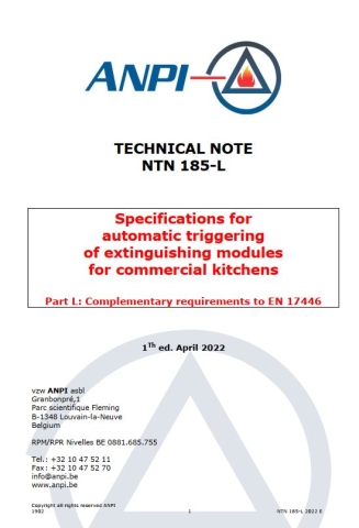 NTN 185-L Specifications for automatic triggering of extinguishing modules for commercial kitchens Part L: Complementary requirements to EN 17446