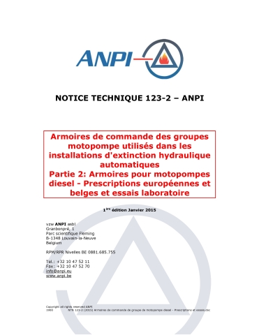 NTN 123-2 Installations d'extinction hydraulique automatiques - 2: Armoires pour motopompes diesel - Prescriptions européennes et belges et essais laboratoire